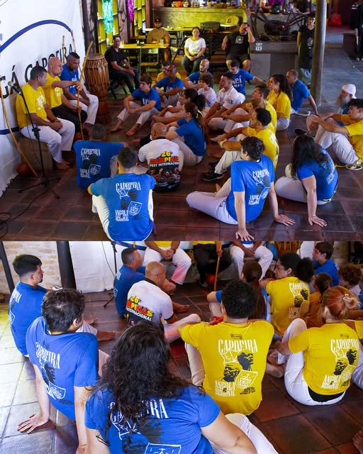 Alunos do Ingá sentados em roda compartilhando a vivência da capoeira