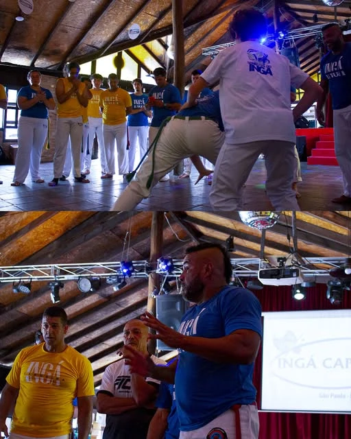 Capoeiristas reunidos em vivência de musicalidade e aprendizagem